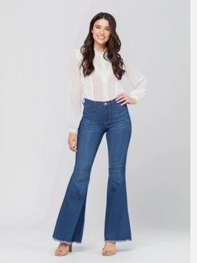 Judy Blue Super Flare Bell Bottom Jeans 70s Boho Raw Hem 29